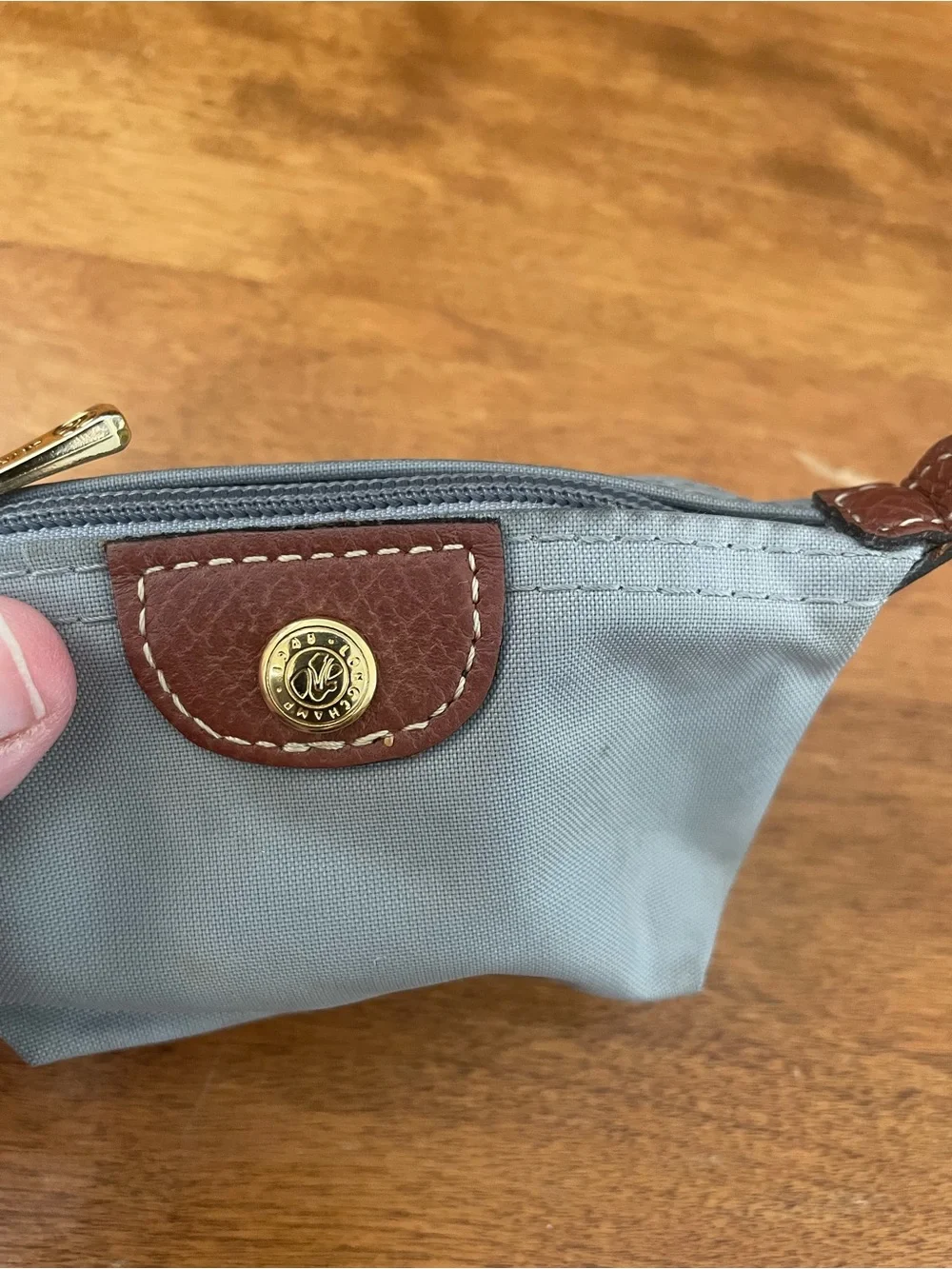 Longchamp Small Gray Pouch with Brown Leather Trim